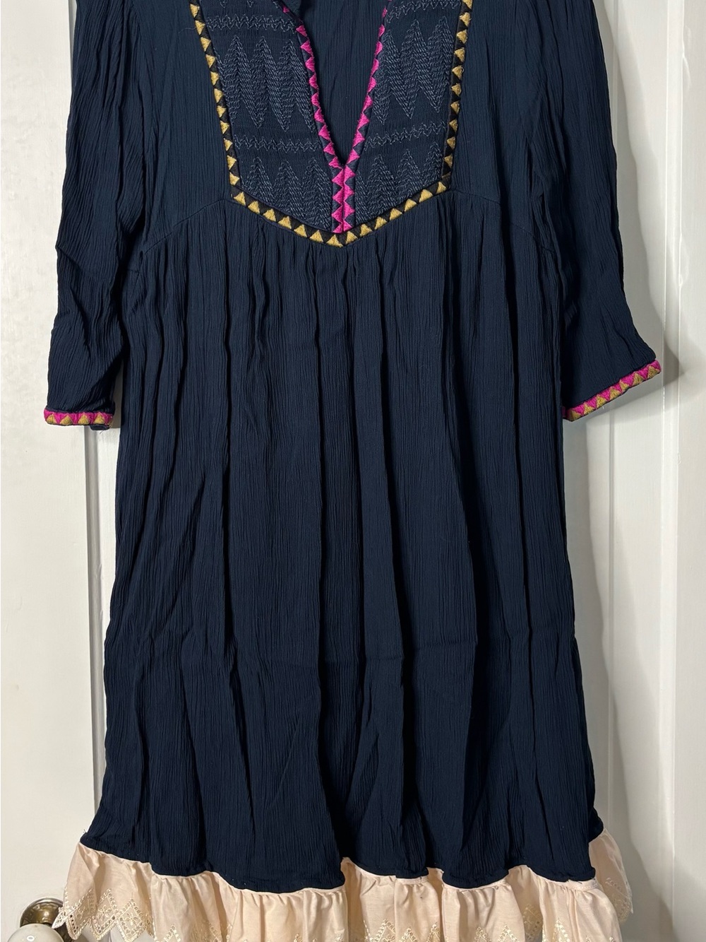 Navy Long-Sleeve Crinkle Dress with Pink & Gold Trim